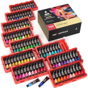 ARTEZA Acrylic Paint Set 24 Colors (0.74 oz Tubes). High-Viscosity, Richly Pigmented Paints for Canvas, Wood & Crafts. Non-Toxic Water-Based Formula. Holiday Gift for Artists & Painters(0.41 Fl Oz (Pack of 100))