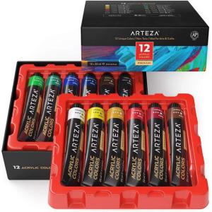 ARTEZA Acrylic Paint Set 24 Colors (0.74 oz Tubes). High-Viscosity, Richly Pigmented Paints for Canvas, Wood & Crafts. Non-Toxic Water-Based Formula. Holiday Gift for Artists & Painters(0.74 Fl Oz (Pack of 12))