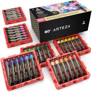 ARTEZA Acrylic Paint Set of 60 Colors, 0.74 ounces Tubes, 5 Metallic Colors Acrylic Paints, Non-Toxic Artist Paints. Art Supplies for Painting(0.74 Fl Oz (Pack of 60))