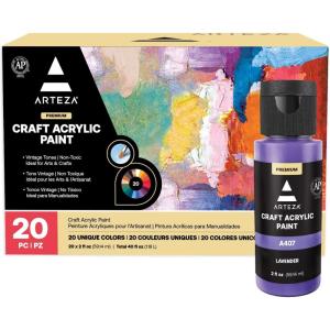 ARTEZA Craft Acrylic Paint Set, Water-Based Acrylic Craft Paint, Matte Finish Artist Paints, Art Supplies for Glass, Wood, Ceramics, Fabrics, Leather(20 x 60ml (2.02 fl oz) Vintage)