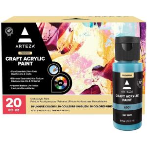 ARTEZA Craft Acrylic Paint Set, Water-Based Acrylic Craft Paint, Matte Finish Artist Paints, Art Supplies for Glass, Wood, Ceramics, Fabrics, Leather(Basic Colors)