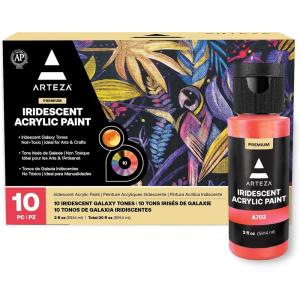 ARTEZA Iridescent Acrylic Paint Set – 10 Galaxy Tones, Shimmer Water-Based Paints for Canvas, Wood, Rocks, Fabrics, and Mixed Media Projects(10 x 60ml (2 fl oz) Galaxy Tones)