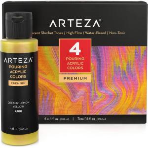 ARTEZA Iridescent Acrylic Paint Set – 10 Galaxy Tones, Shimmer Water-Based Paints for Canvas, Wood, Rocks, Fabrics, and Mixed Media Projects(4 x 118ml (4 fl oz) Sherbet Tones)