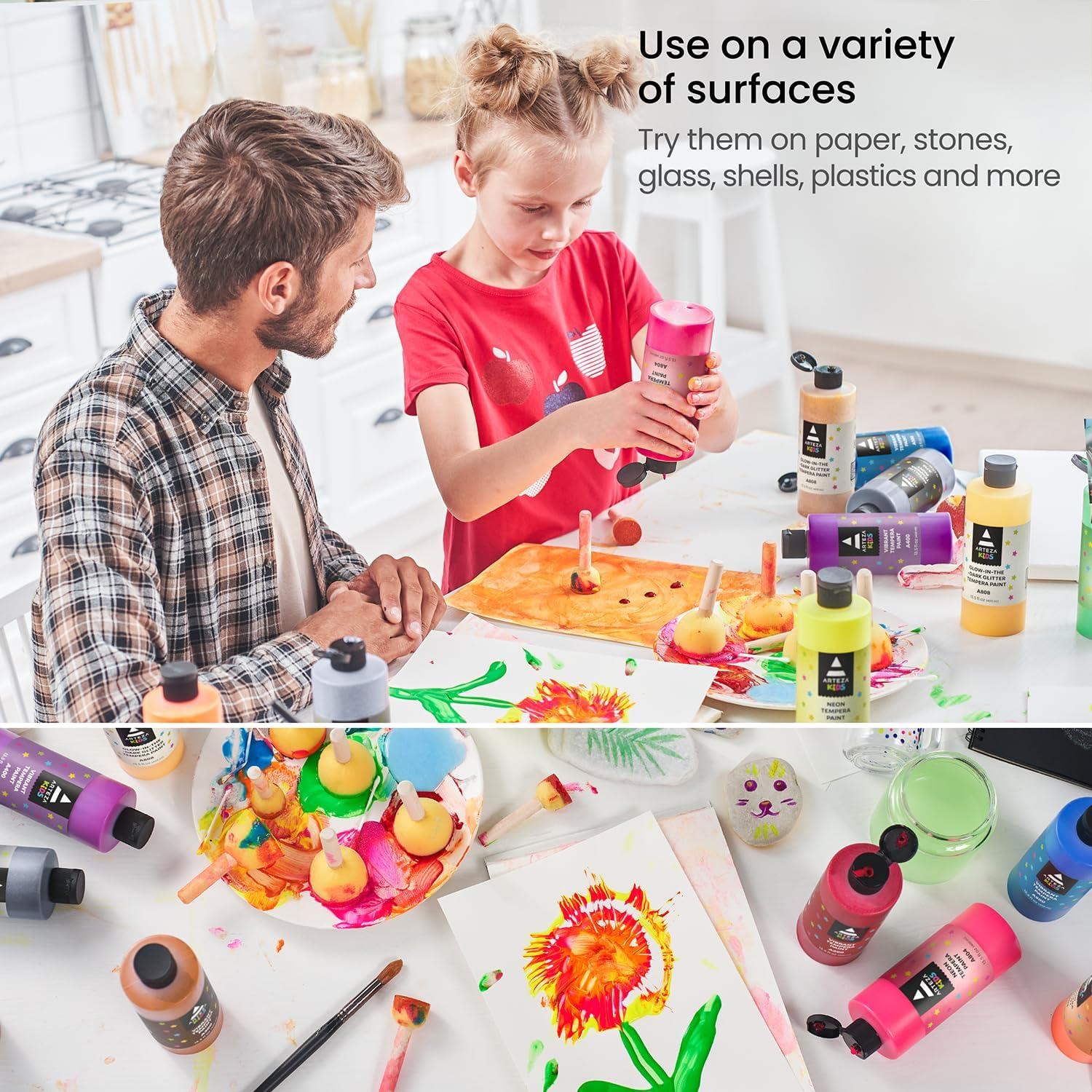 imageARTEZA 16 Kids Tempera Paint Set 135 oz400 ml NonToxic Washable Tempera Paint Bottles Kids Art SuppliesSet of 16 Assorted