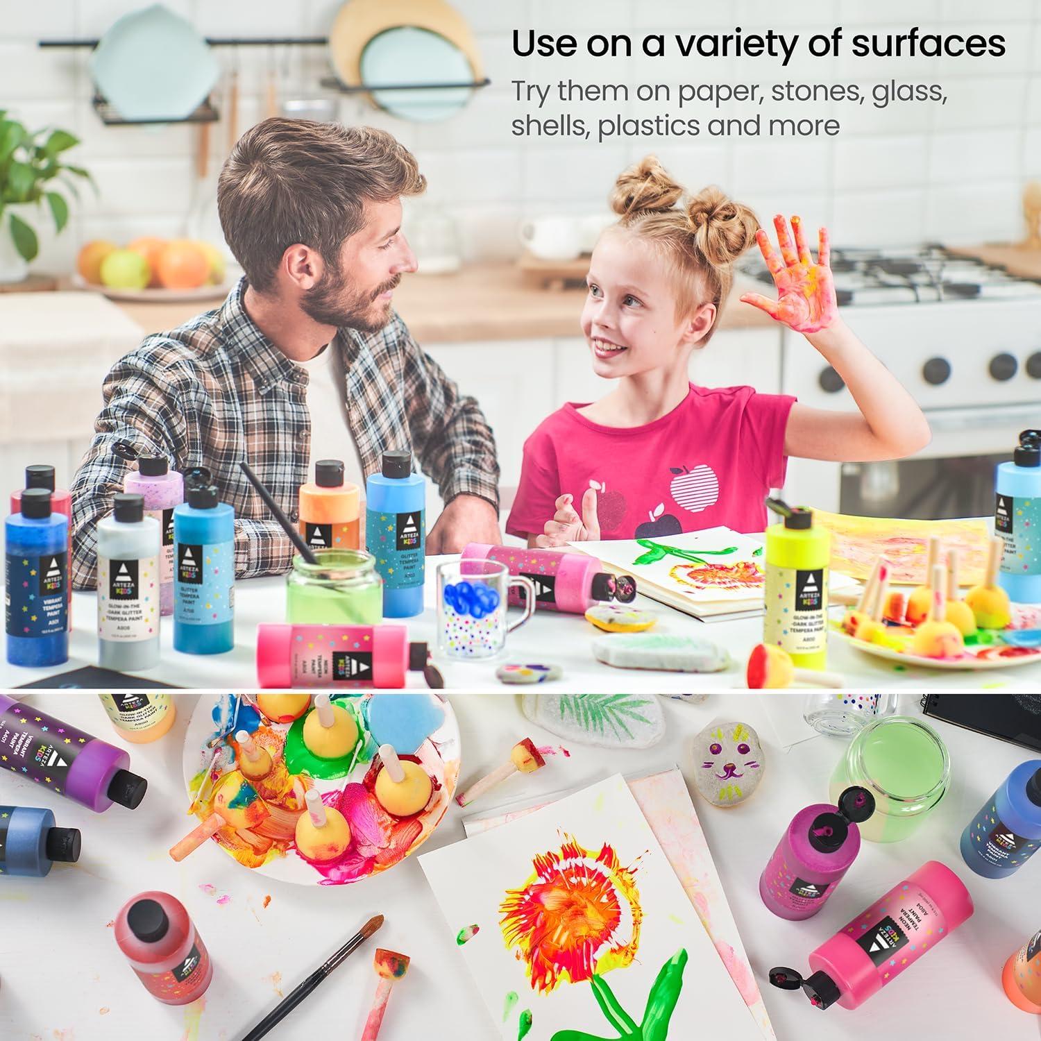 imageARTEZA 16 Kids Tempera Paint Set 135 oz400 ml NonToxic Washable Tempera Paint Bottles Kids Art SuppliesSet of 16 Multicolor