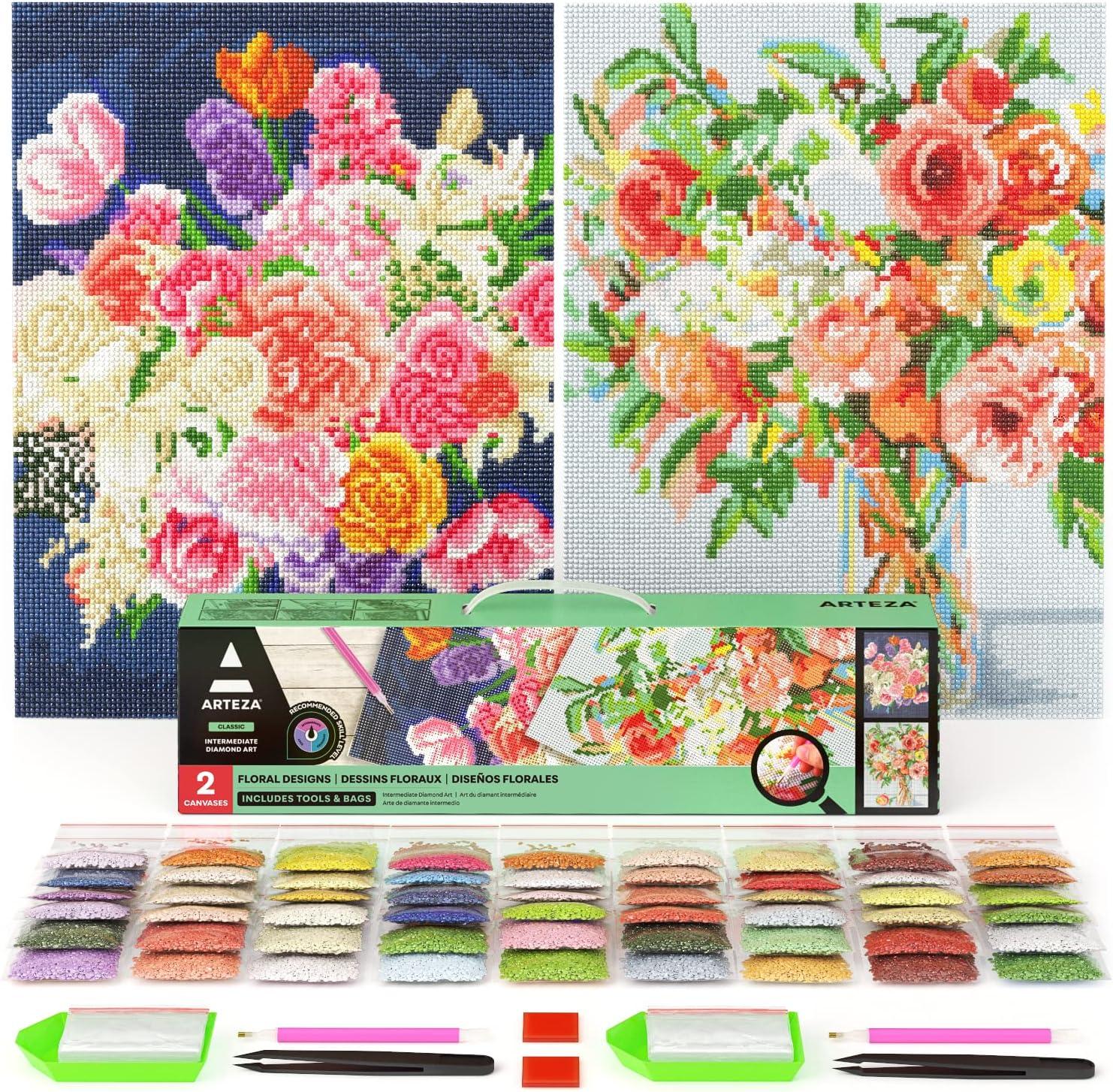 imageARTEZA 5D Diamond Painting Kit 2Pack Beach Designs FullDrill Diamond Art for Adults 12 x 16 Inches Canvases Round Rhinestones ampamp Painting Accessories Bead Art Craft SuppliesPastel Floral