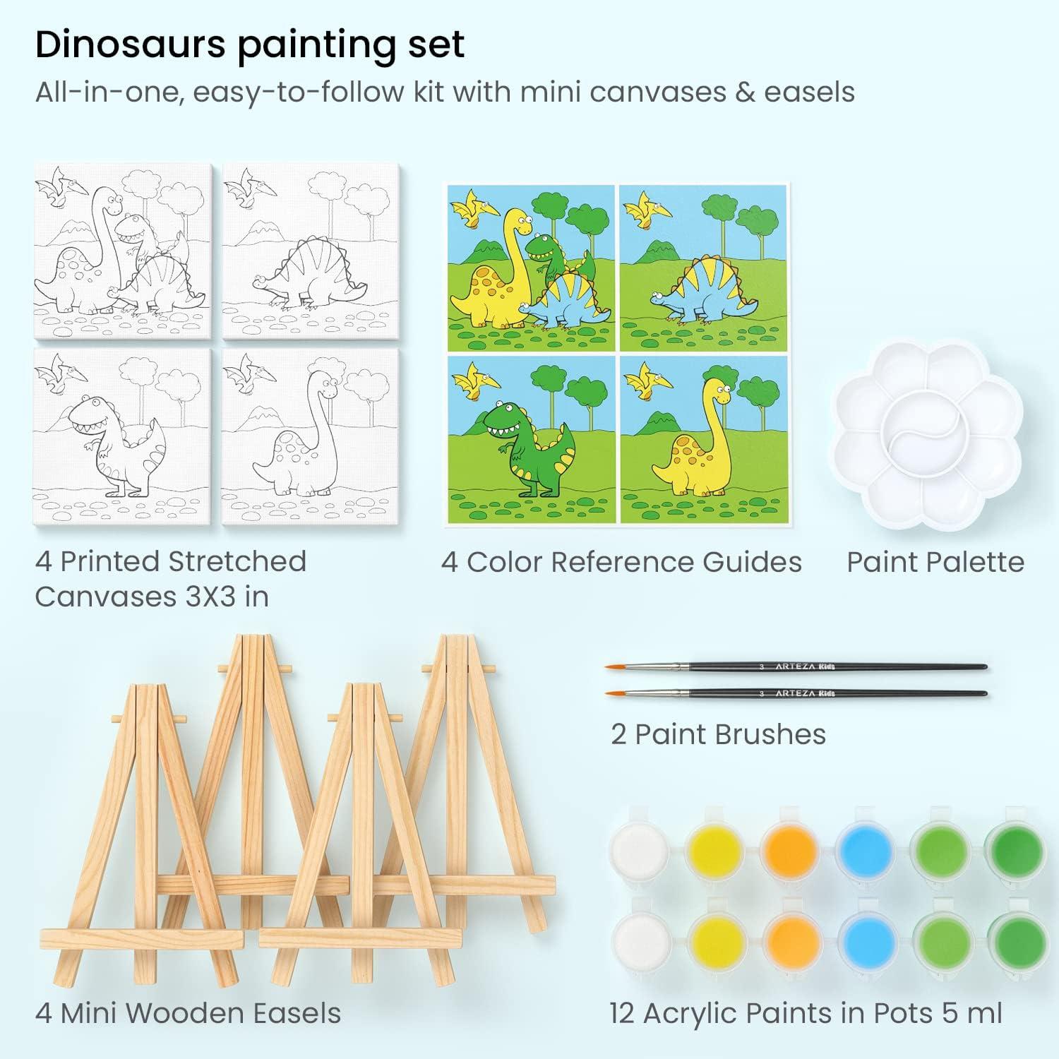 imageARTEZA AnimalThemed Painting Set for Kids 4 PreSized 8x8 Inch Canvases 24 Vibrant Acrylic Colors 4 Brushes ampamp Palettes Creative Art Activities for Ages 6Dinosaur