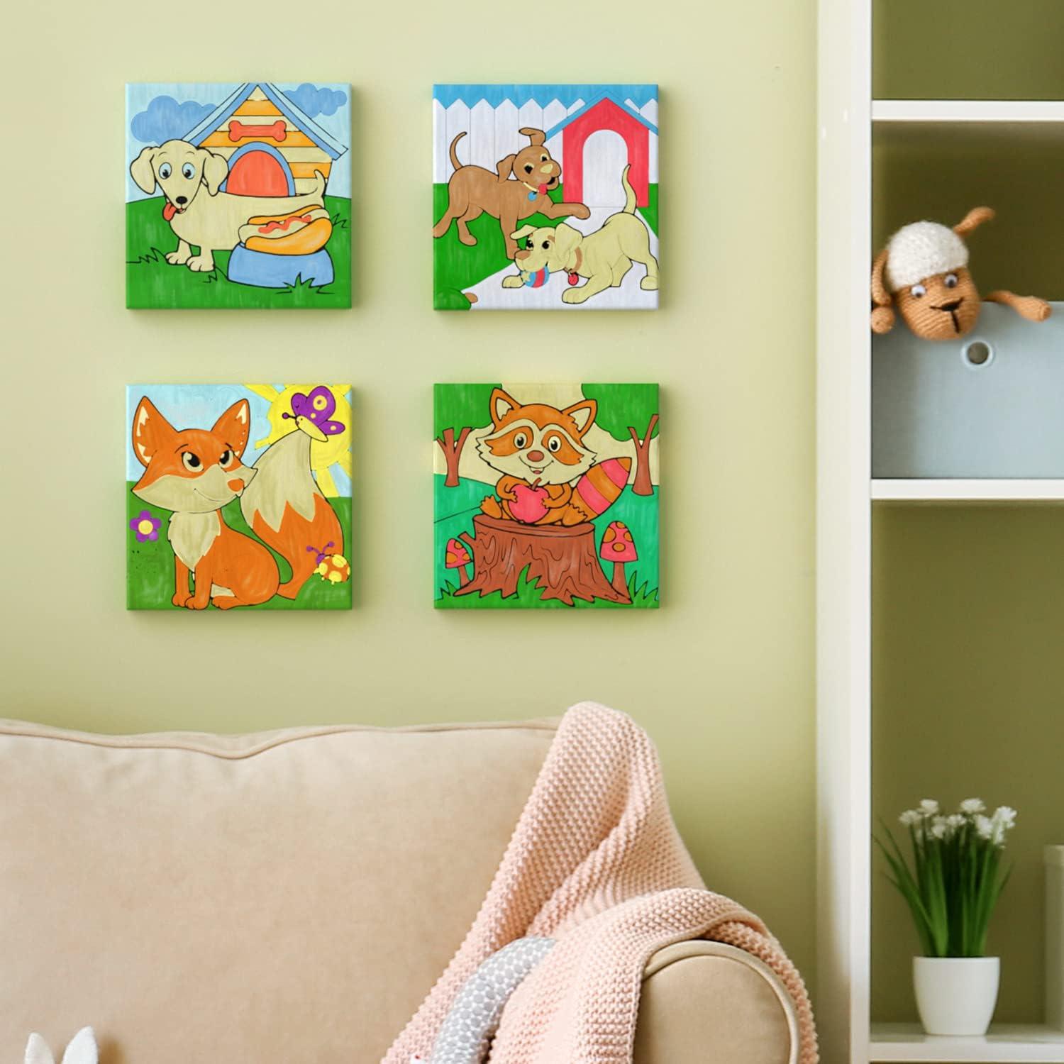 imageARTEZA AnimalThemed Painting Set for Kids 4 PreSized 8x8 Inch Canvases 24 Vibrant Acrylic Colors 4 Brushes ampamp Palettes Creative Art Activities for Ages 6Animals