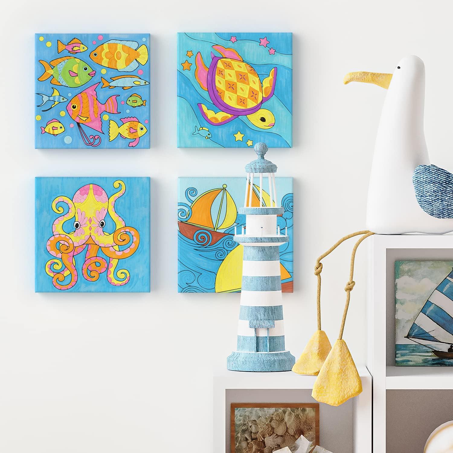 imageARTEZA AnimalThemed Painting Set for Kids 4 PreSized 8x8 Inch Canvases 24 Vibrant Acrylic Colors 4 Brushes ampamp Palettes Creative Art Activities for Ages 6Ocean Scenes