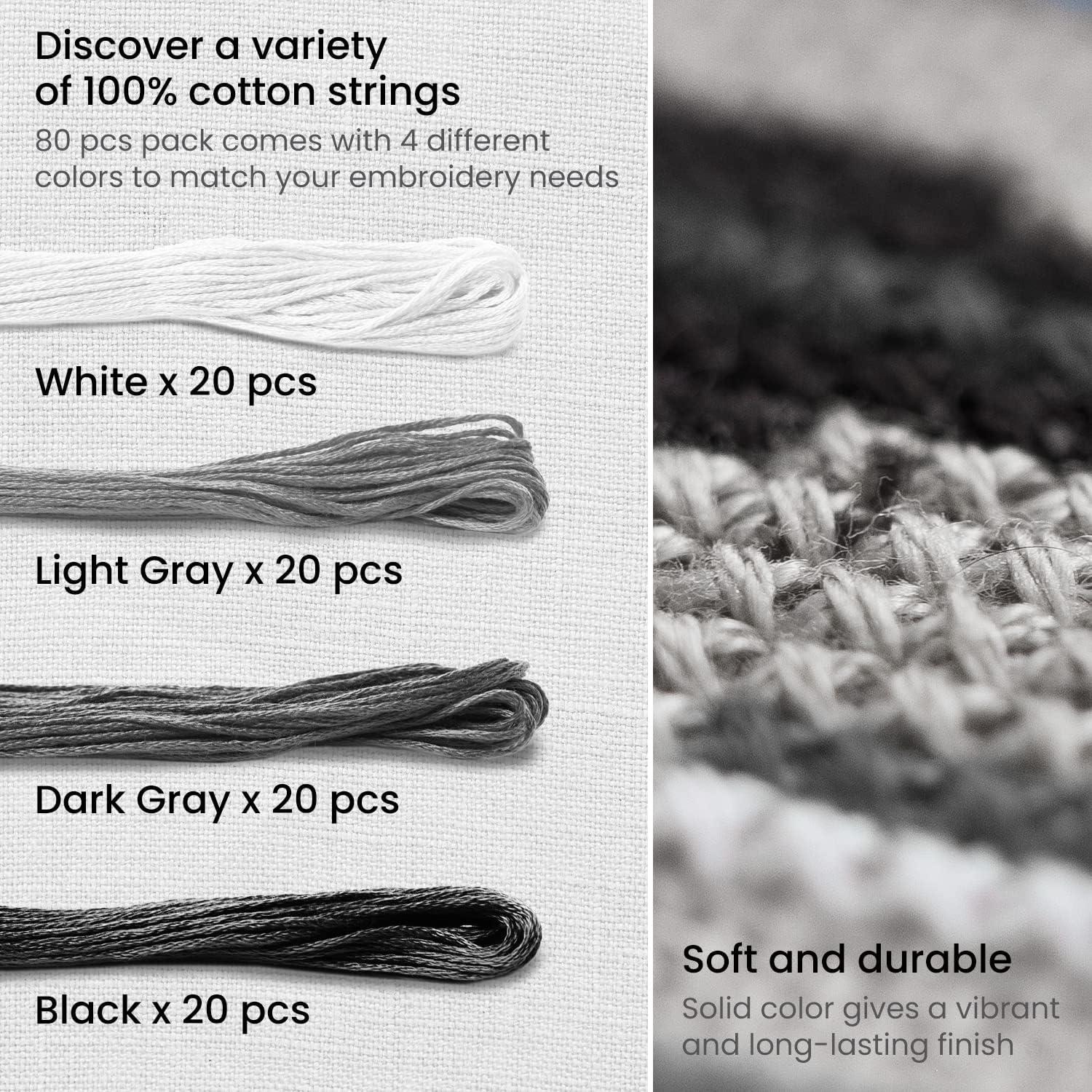 imageARTEZA Embroidery Thread 80 Skeins 100 Mercerized Cotton Floss in Black White Dark Gray ampamp Light Gray for Cross Stitch Needlework Jewelry and CraftsBlack White