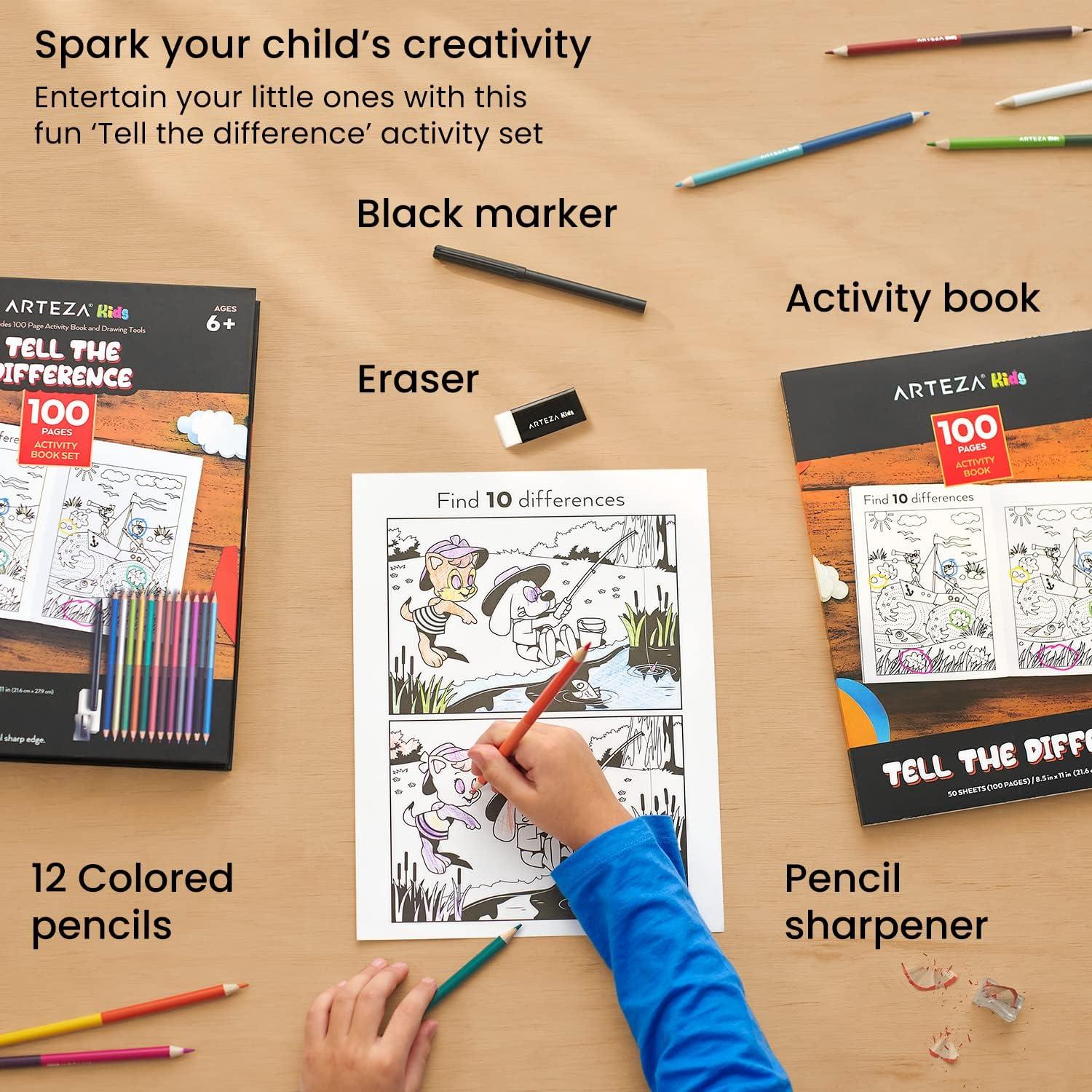imageARTEZA Kids Coloring Book and Colored Pencils Kit 85x11 Inches Sea Creature Illustrations 50 DoubleSided Coloring Sheets 100lb PaperSpot the Difference