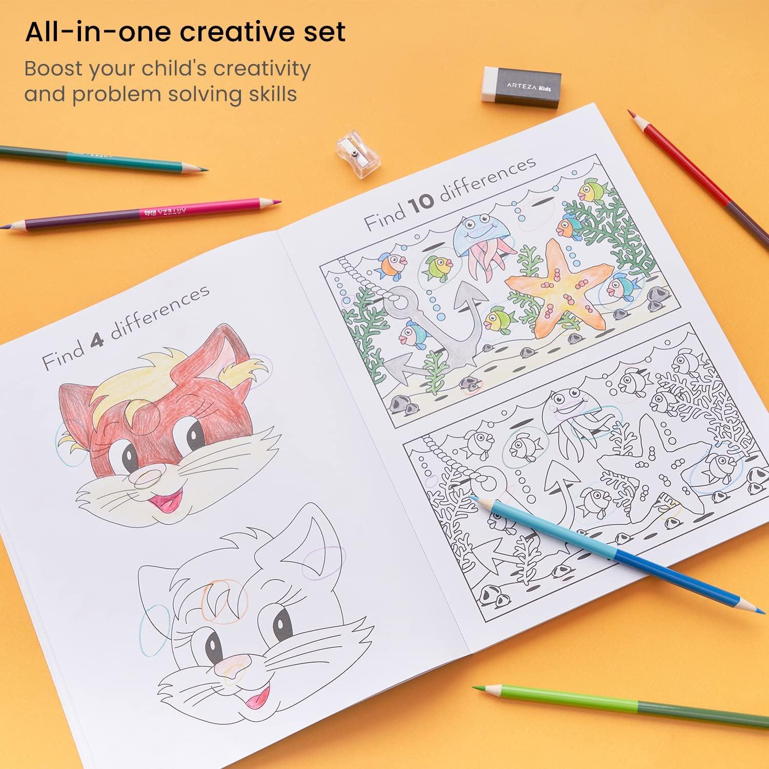 imageARTEZA Kids Coloring Book and Colored Pencils Kit 85x11 Inches Sea Creature Illustrations 50 DoubleSided Coloring Sheets 100lb PaperSpot the Difference
