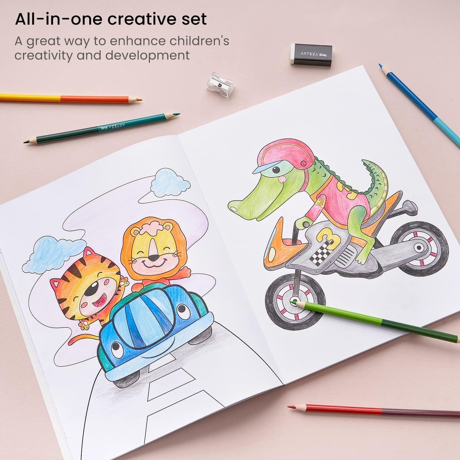 imageARTEZA Kids Coloring Book and Colored Pencils Kit 85x11 Inches Sea Creature Illustrations 50 DoubleSided Coloring Sheets 100lb PaperTransportation Illustrations