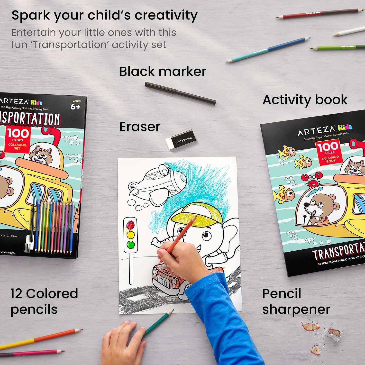 imageARTEZA Kids Coloring Book and Colored Pencils Kit 85x11 Inches Sea Creature Illustrations 50 DoubleSided Coloring Sheets 100lb PaperTransportation Illustrations
