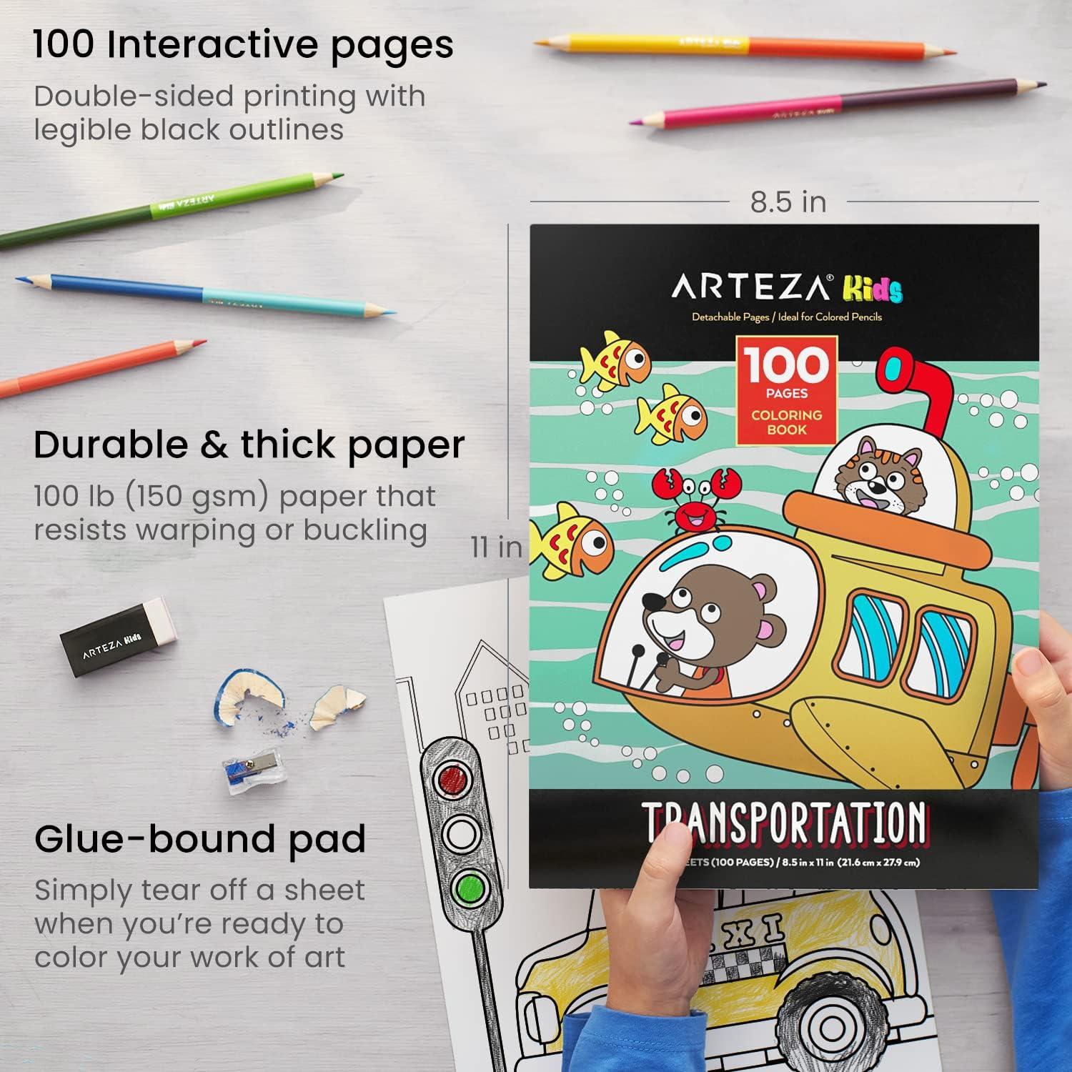 imageARTEZA Kids Coloring Book and Colored Pencils Kit 85x11 Inches Sea Creature Illustrations 50 DoubleSided Coloring Sheets 100lb PaperTransportation Illustrations