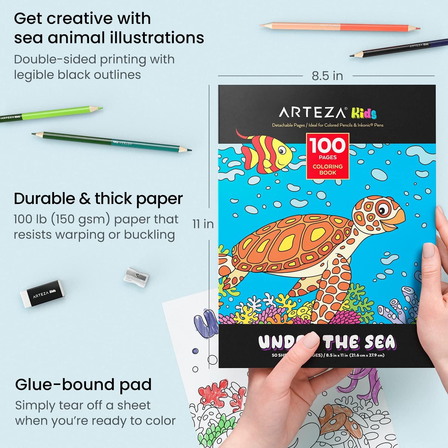 imageARTEZA Kids Coloring Book and Colored Pencils Kit 85x11 Inches Sea Creature Illustrations 50 DoubleSided Coloring Sheets 100lb PaperWater Animals