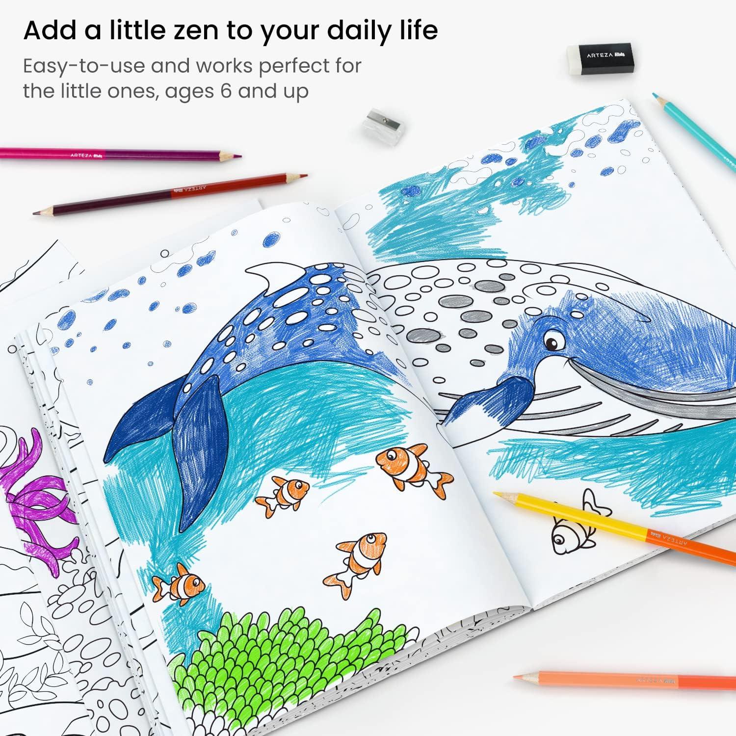 imageARTEZA Kids Coloring Book and Colored Pencils Kit 85x11 Inches Sea Creature Illustrations 50 DoubleSided Coloring Sheets 100lb PaperWater Animals