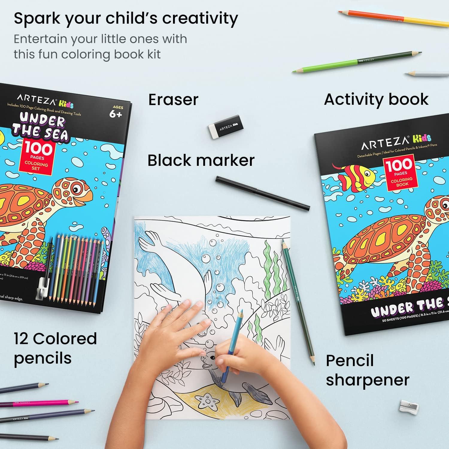 imageARTEZA Kids Coloring Book and Colored Pencils Kit 85x11 Inches Sea Creature Illustrations 50 DoubleSided Coloring Sheets 100lb PaperWater Animals