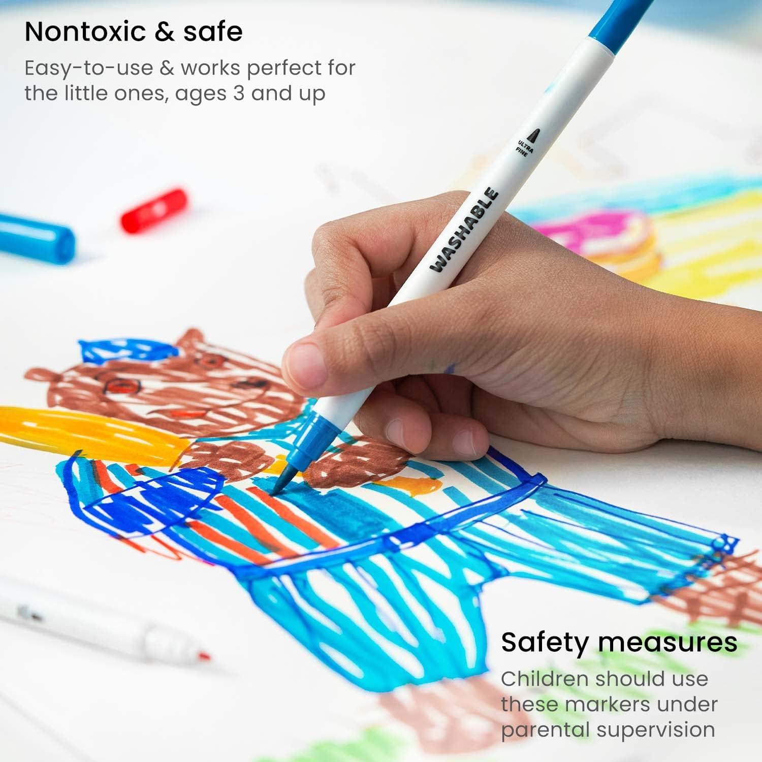 imageARTEZA Kids Fine Tip Washable Markers 42 Bright Colors 36 Washable Marker Pens and 6 NonWashable Neon Pens School Supplies for Kids Ages 3 and Up24 Dual Tip