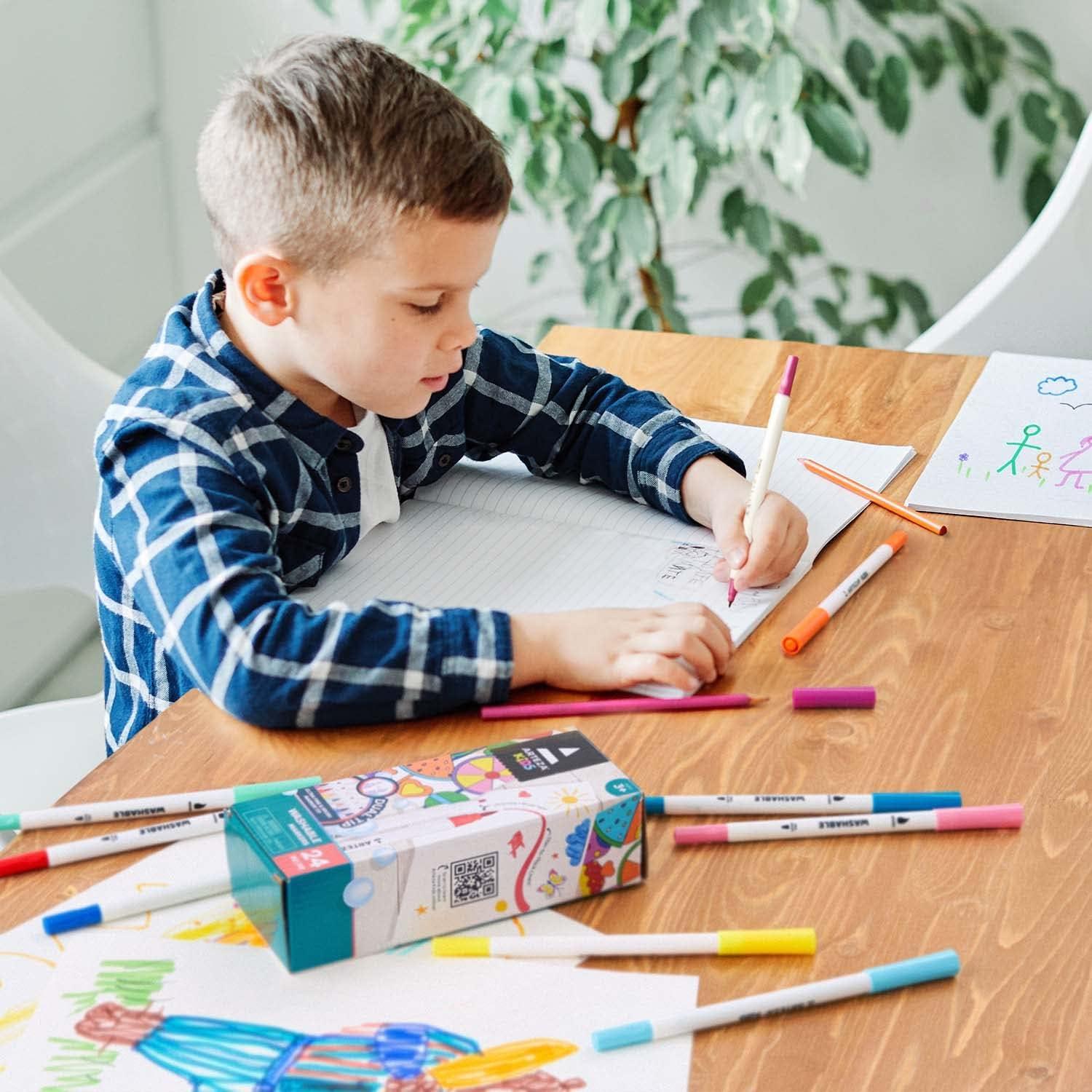 imageARTEZA Kids Fine Tip Washable Markers 42 Bright Colors 36 Washable Marker Pens and 6 NonWashable Neon Pens School Supplies for Kids Ages 3 and Up24 Dual Tip
