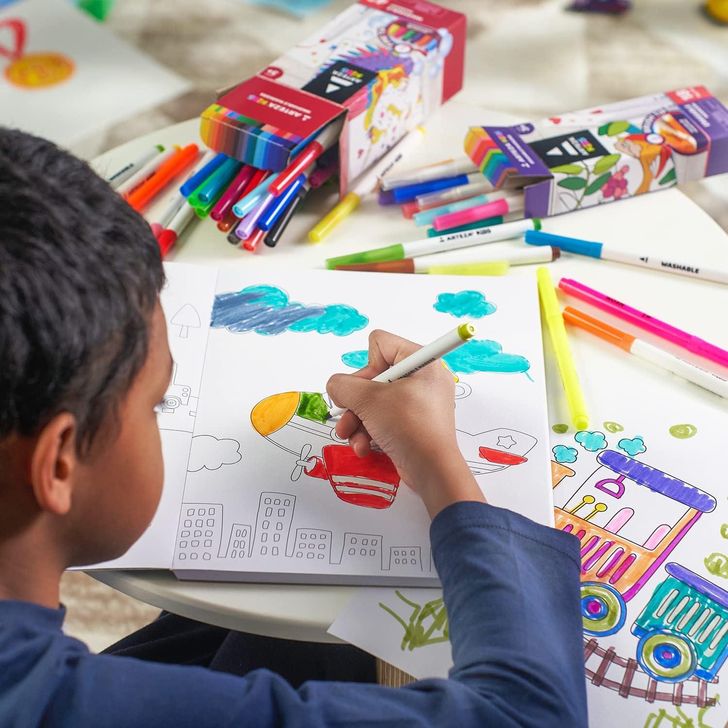 imageARTEZA Kids Fine Tip Washable Markers 42 Bright Colors 36 Washable Marker Pens and 6 NonWashable Neon Pens School Supplies for Kids Ages 3 and Up42 Fine Tip
