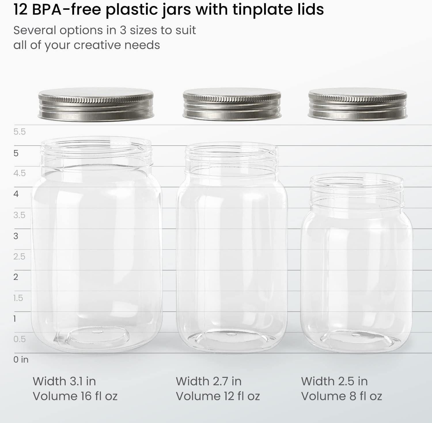 imageARTEZA Mason Jars 12 Regular Mouth Plastic Jars 8 oz 12 oz 16 oz Reusable Lids ShatterResistant Containers for DIY and Home Decor