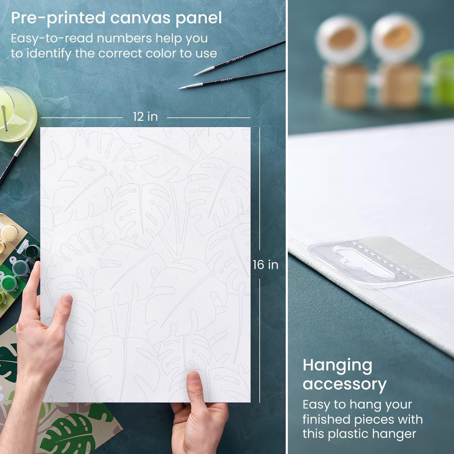 imageARTEZA Paint by Numbers Kit 12x16 Inches 21 Pieces Monstera Canvas Painting Kit Canvas Panel 12 Acrylic Paint Pots 5 Paintbrushes Art Supplies for a Meditative and CalmingMonstera