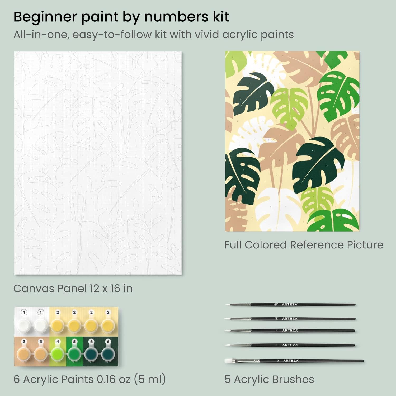 imageARTEZA Paint by Numbers Kit 12x16 Inches 21 Pieces Monstera Canvas Painting Kit Canvas Panel 12 Acrylic Paint Pots 5 Paintbrushes Art Supplies for a Meditative and CalmingMonstera