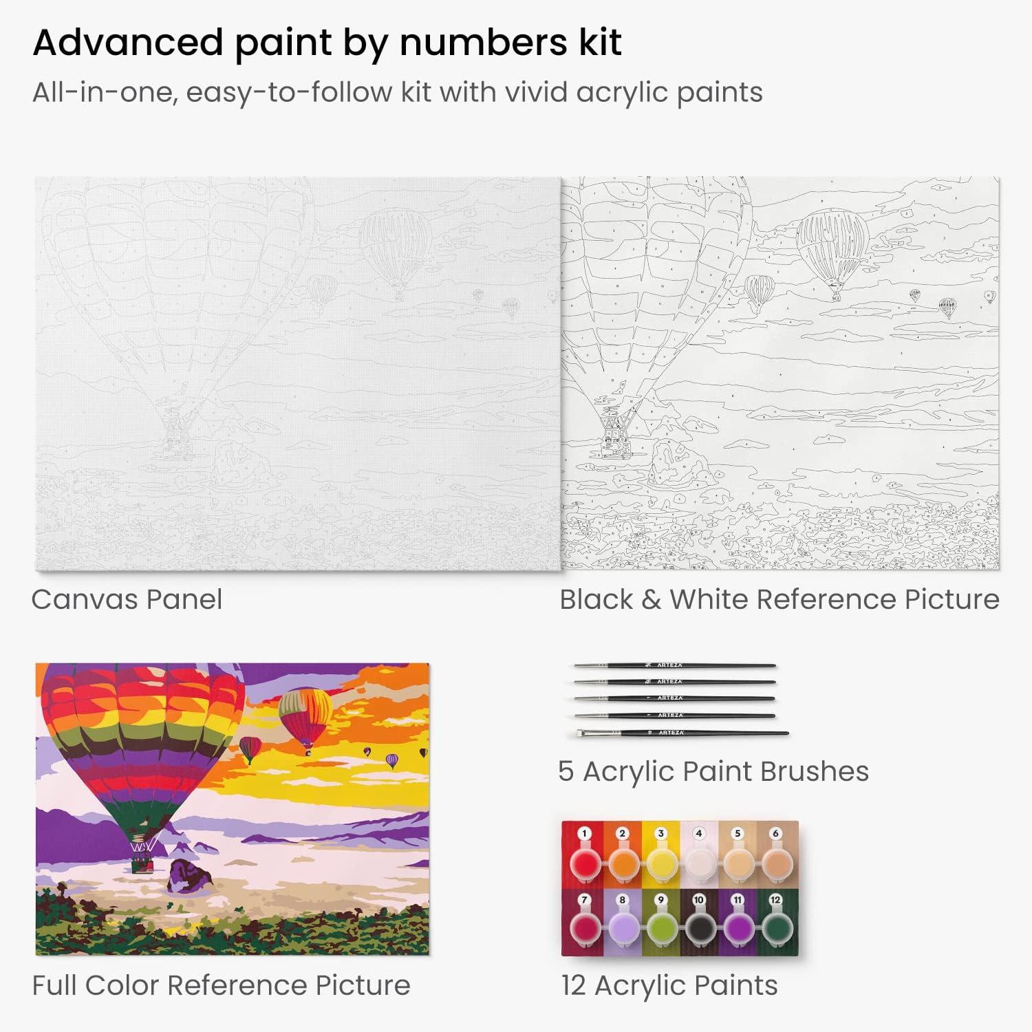 imageARTEZA Paint by Numbers Kit 12x16 Inches 21 Pieces Monstera Canvas Painting Kit Canvas Panel 12 Acrylic Paint Pots 5 Paintbrushes Art Supplies for a Meditative and CalmingHot Air Balloon
