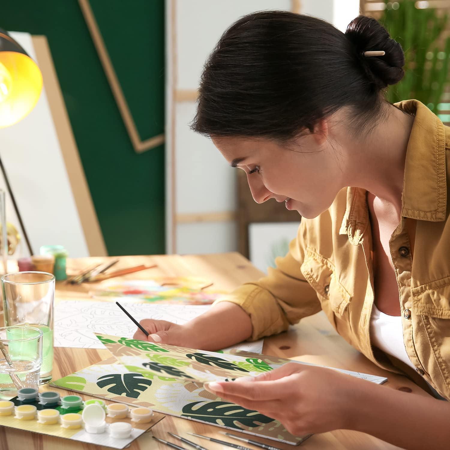 imageARTEZA Paint by Numbers Kit 12x16 Inches 21 Pieces Monstera Canvas Painting Kit Canvas Panel 12 Acrylic Paint Pots 5 Paintbrushes Art Supplies for a Meditative and CalmingMonstera