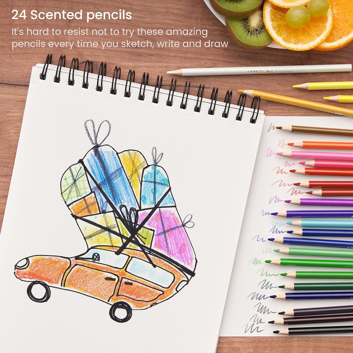 imageARTEZA Scented Colored Pencils for Kids 24 Triangle PreSharpened NonToxic Smelly Pencils for School Drawing Arts ampamp CraftsScented