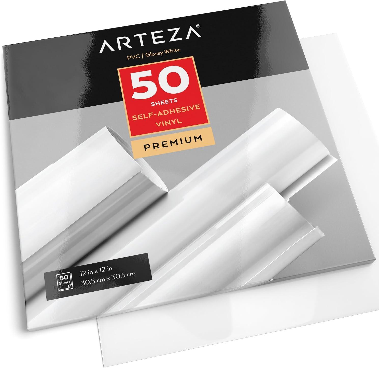 imageARTEZA Self Adhesive Vinyl Sheets 12 x 12 Inches Pack of 50 Glossy White Waterproof and Easy to Weed and Cut SAV for DIY Projects