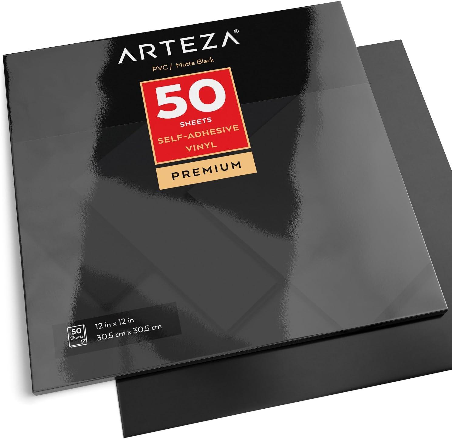 imageARTEZA Self Adhesive Vinyl Sheets 12 x 12 Inches Pack of 50 Matte Black Waterproof and Easy to Weed and Cut SAV for DIY Projects