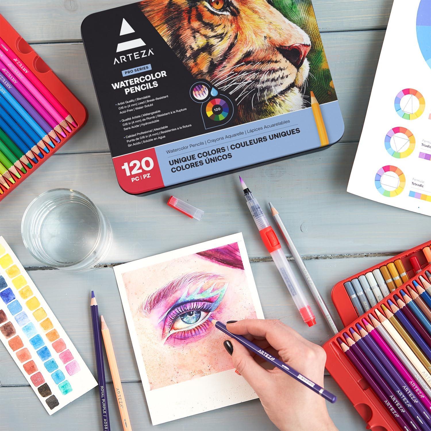 imageARTEZA Watercolor Pencils Set of 72 WaterSoluble Colored Pencils for Blending Layering Painting Lightfast Pigments with Soft Cores in Tin Case Art Supplies for Adults Artists Holiday Gift Set120