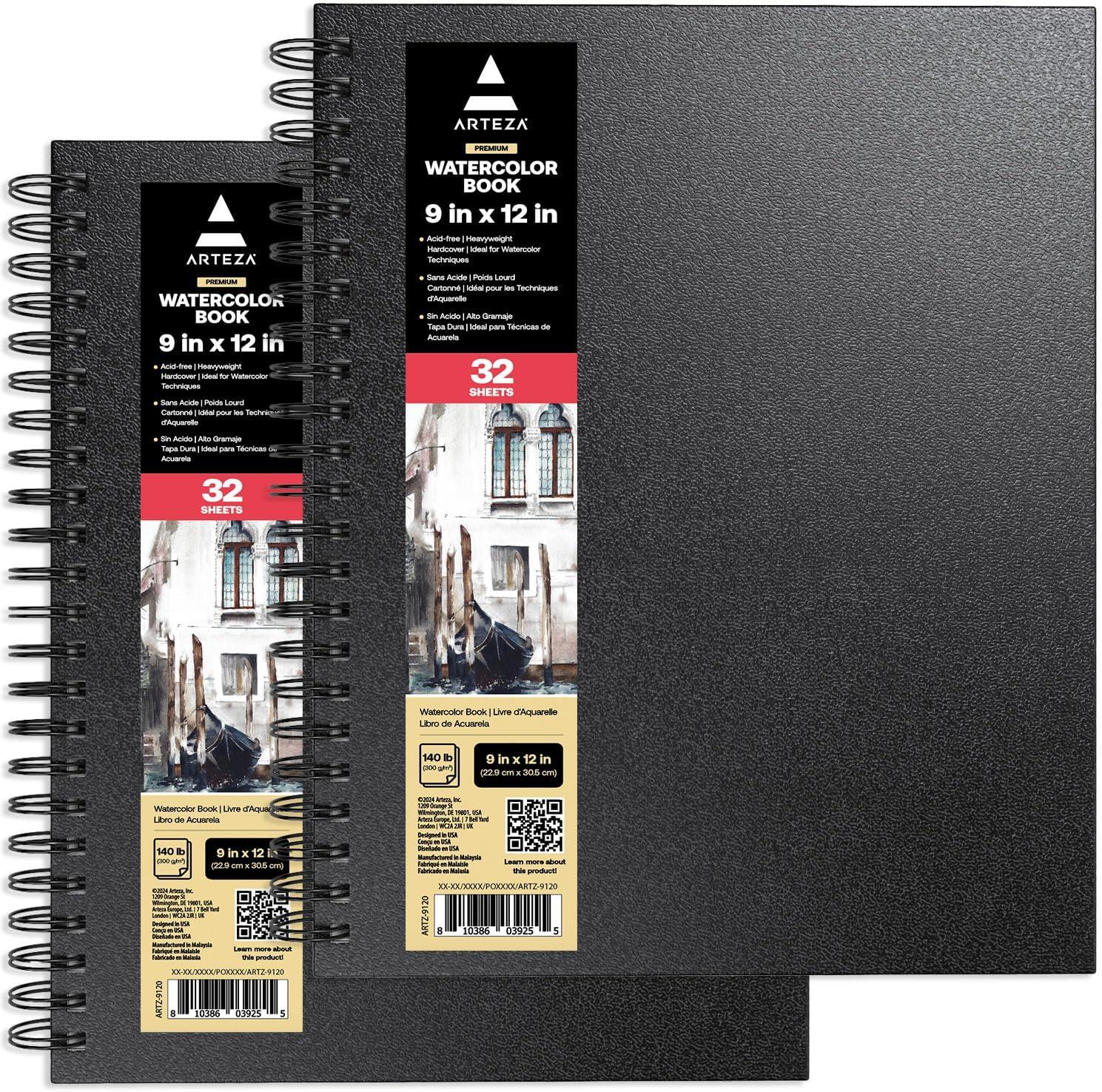 imageARTEZA Watercolor Sketchbook 2Pack 64 Pages Each 9 x 12 Inches Brown Hardcover 140Pound SpiralBound PaperBlack