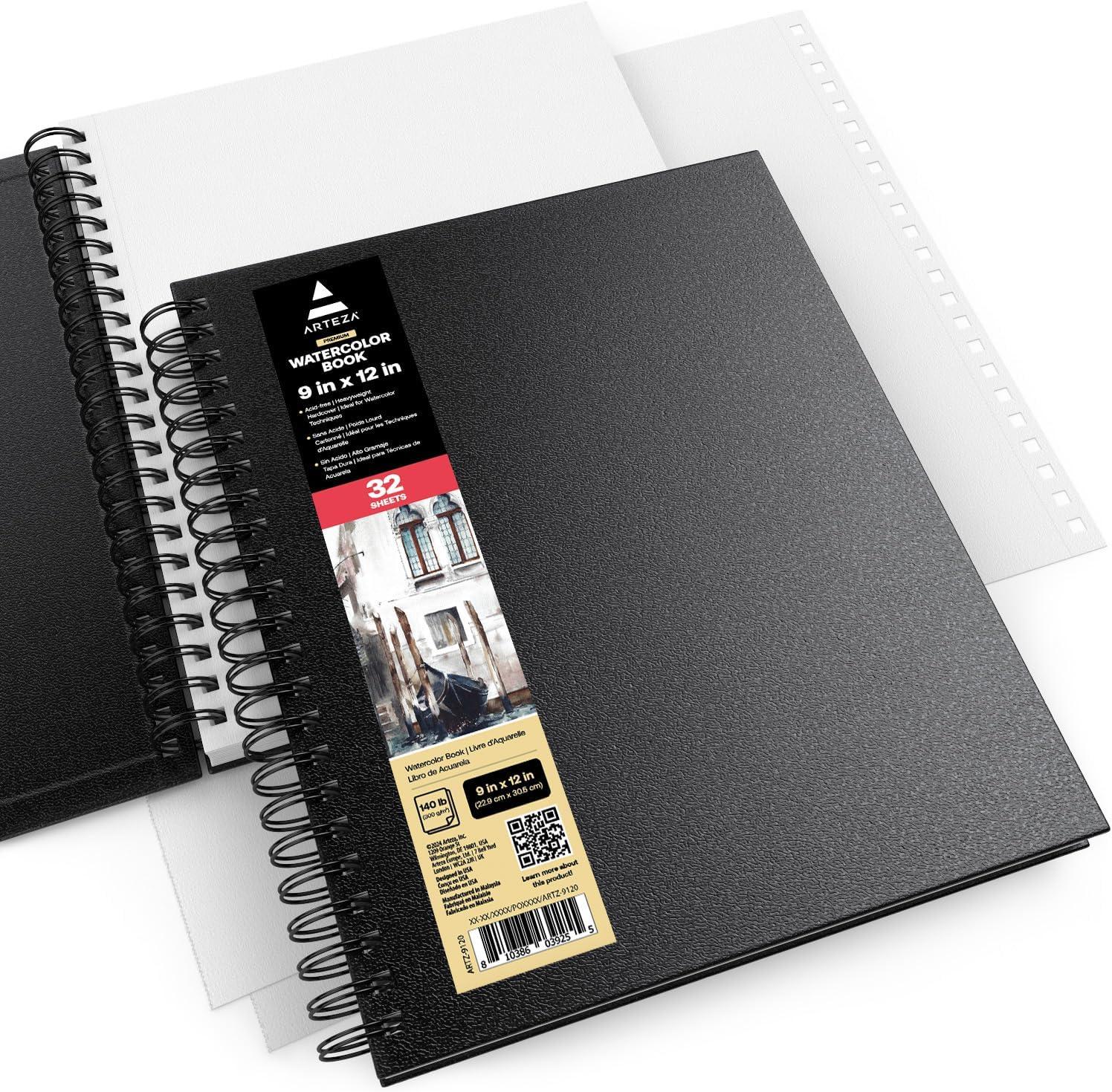 imageARTEZA Watercolor Sketchbook 2Pack 64 Pages Each 9 x 12 Inches Brown Hardcover 140Pound SpiralBound PaperBlack
