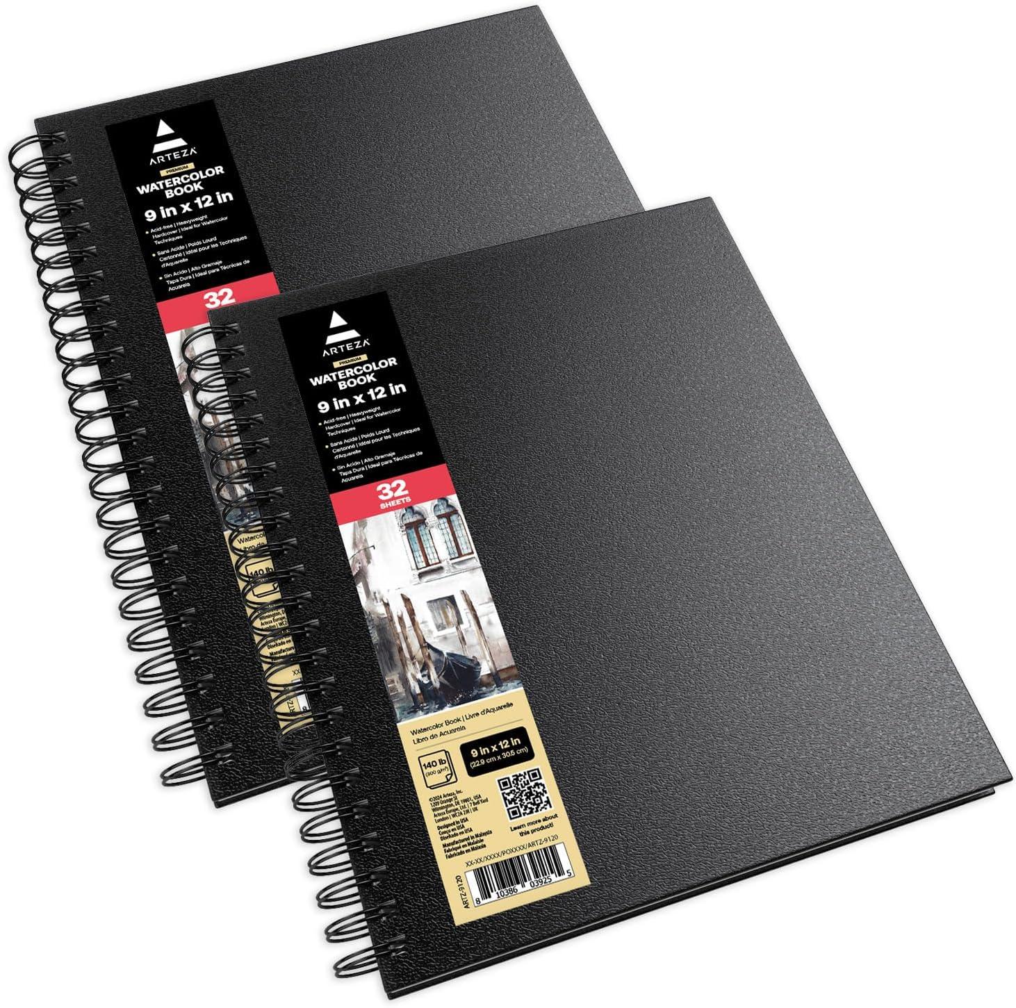 imageARTEZA Watercolor Sketchbook 2Pack 64 Pages Each 9 x 12 Inches Brown Hardcover 140Pound SpiralBound PaperBlack
