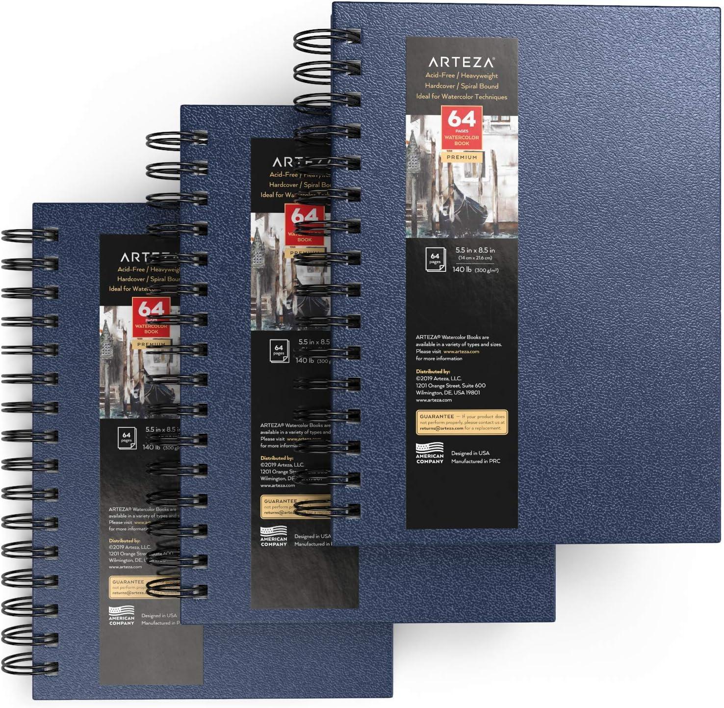 imageARTEZA Watercolor Sketchbook 2Pack 64 Pages Each 9 x 12 Inches Brown Hardcover 140Pound SpiralBound PaperBlue