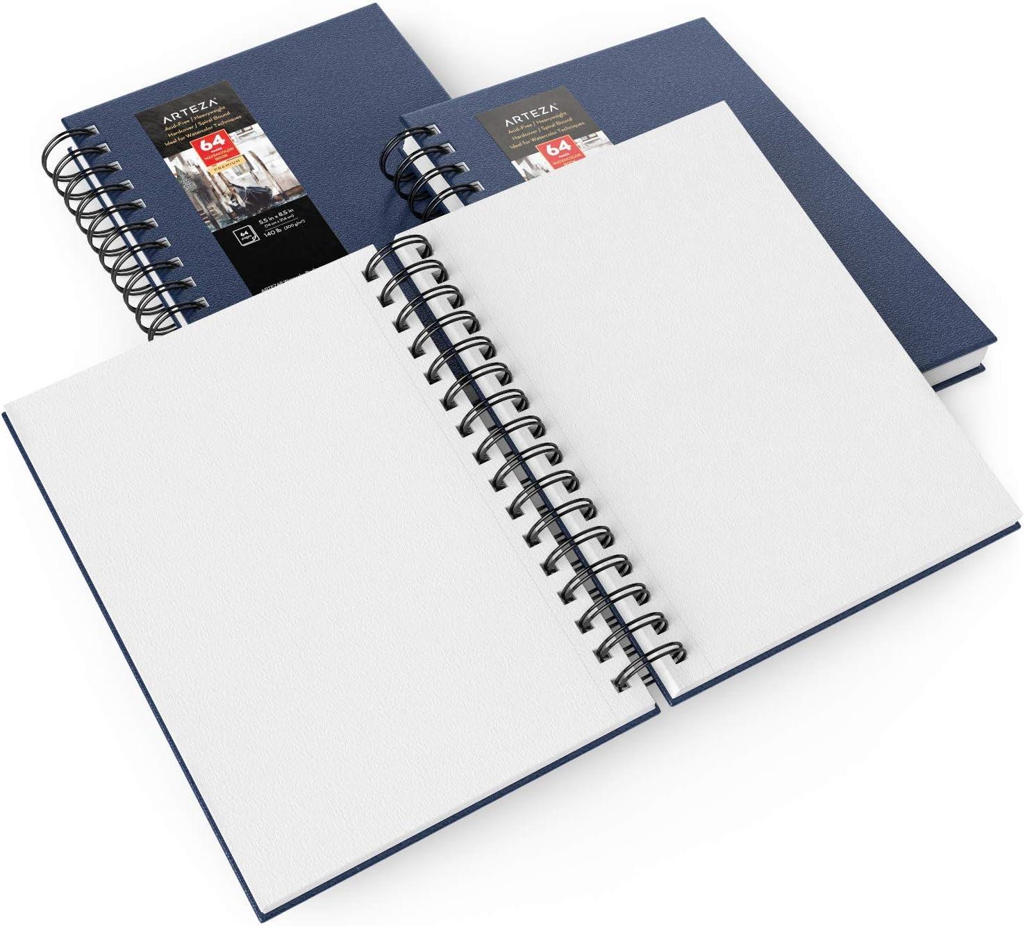 imageARTEZA Watercolor Sketchbook 2Pack 64 Pages Each 9 x 12 Inches Brown Hardcover 140Pound SpiralBound PaperBlue