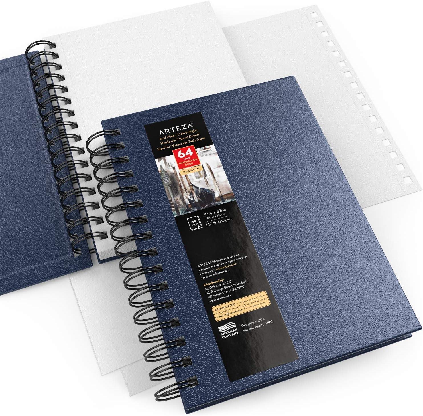 imageARTEZA Watercolor Sketchbook 2Pack 64 Pages Each 9 x 12 Inches Brown Hardcover 140Pound SpiralBound PaperBlue
