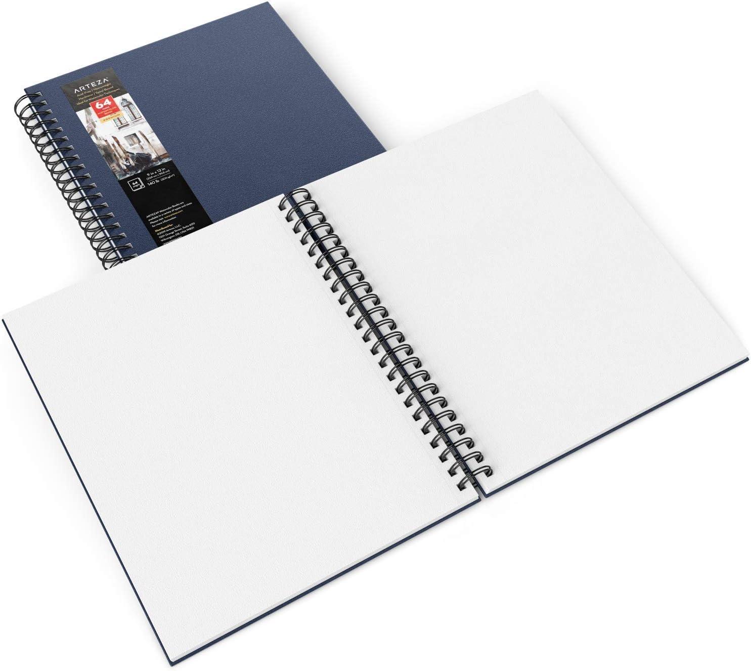 imageARTEZA Watercolor Sketchbook 2Pack 64 Pages Each 9 x 12 Inches Brown Hardcover 140Pound SpiralBound PaperBlue