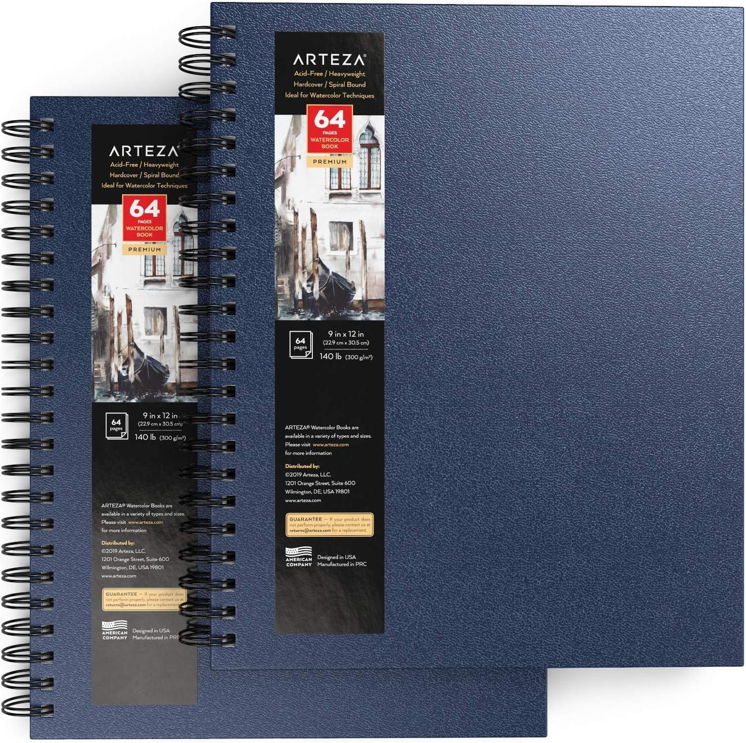 imageARTEZA Watercolor Sketchbook 2Pack 64 Pages Each 9 x 12 Inches Brown Hardcover 140Pound SpiralBound PaperBlue