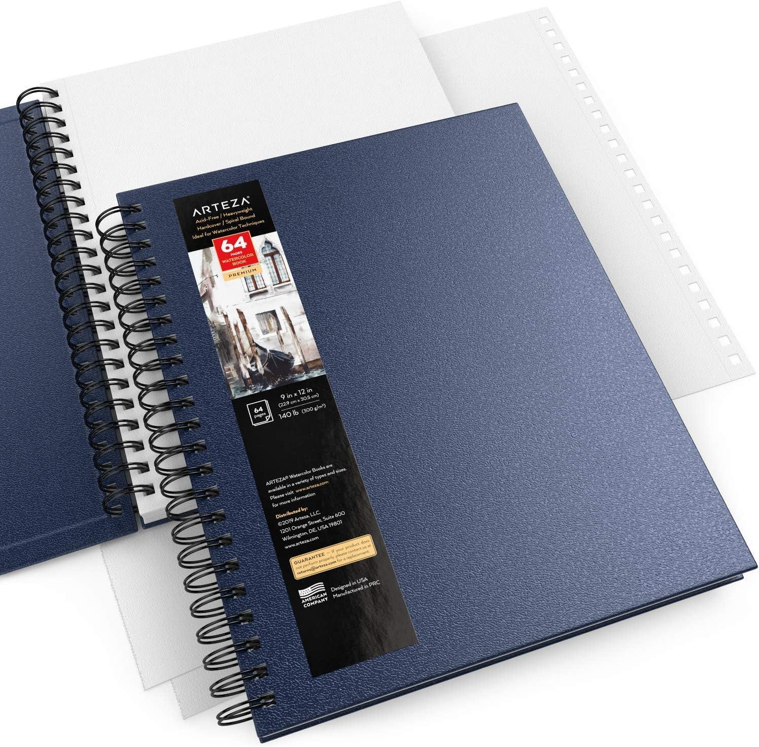 imageARTEZA Watercolor Sketchbook 2Pack 64 Pages Each 9 x 12 Inches Brown Hardcover 140Pound SpiralBound PaperBlue