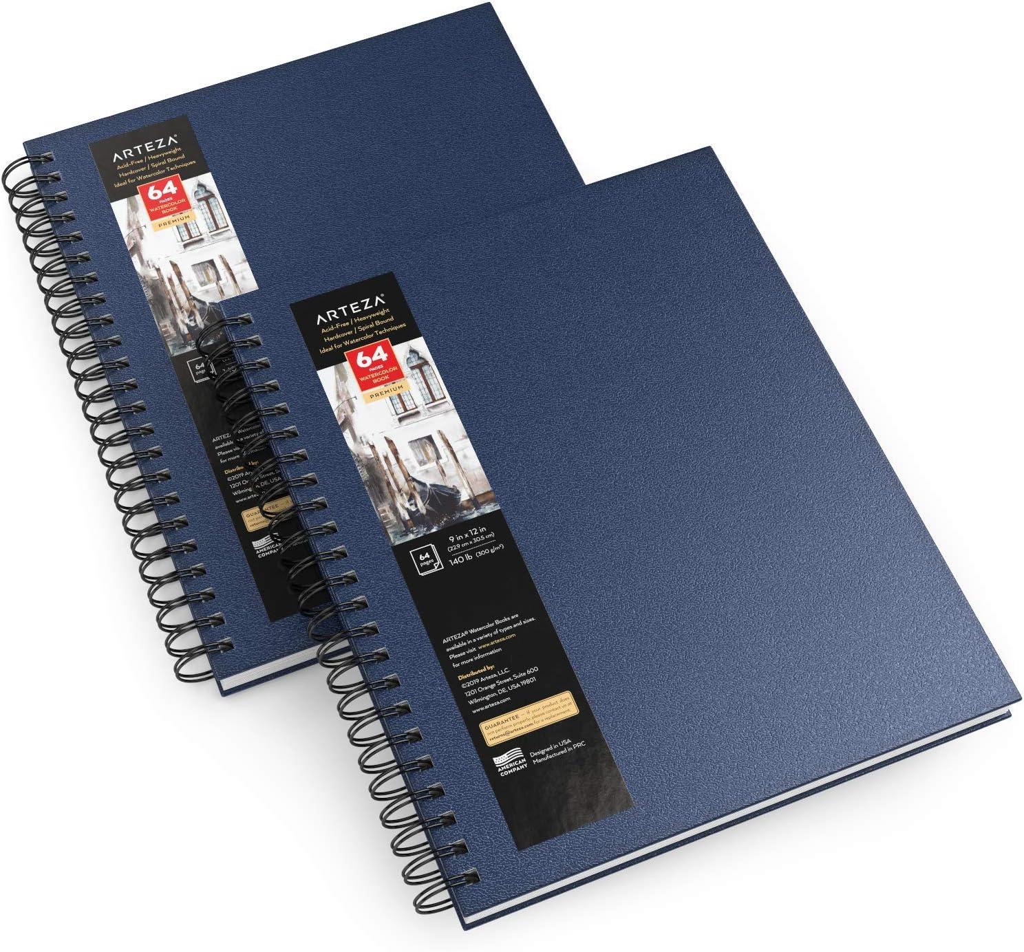 imageARTEZA Watercolor Sketchbook 2Pack 64 Pages Each 9 x 12 Inches Brown Hardcover 140Pound SpiralBound PaperBlue