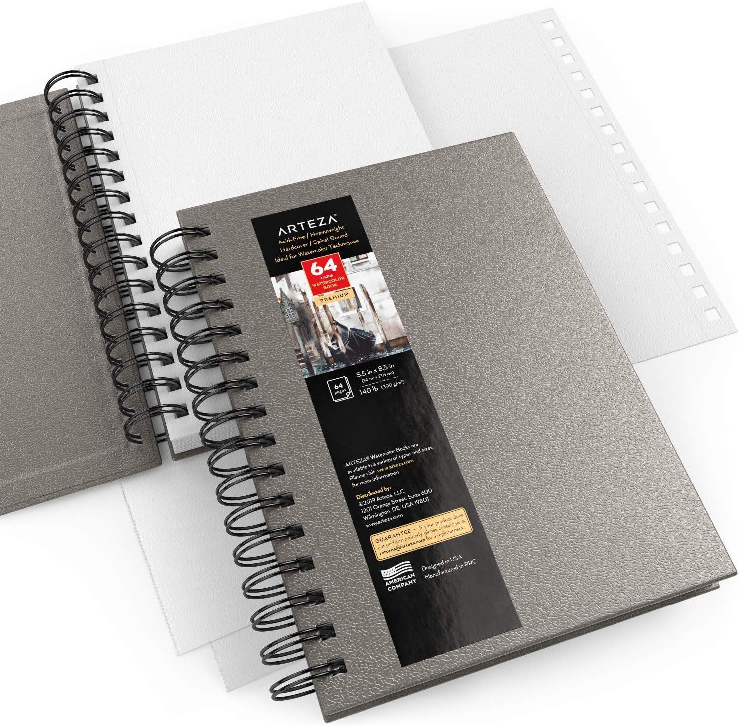 imageARTEZA Watercolor Sketchbook 2Pack 64 Pages Each 9 x 12 Inches Brown Hardcover 140Pound SpiralBound PaperGray