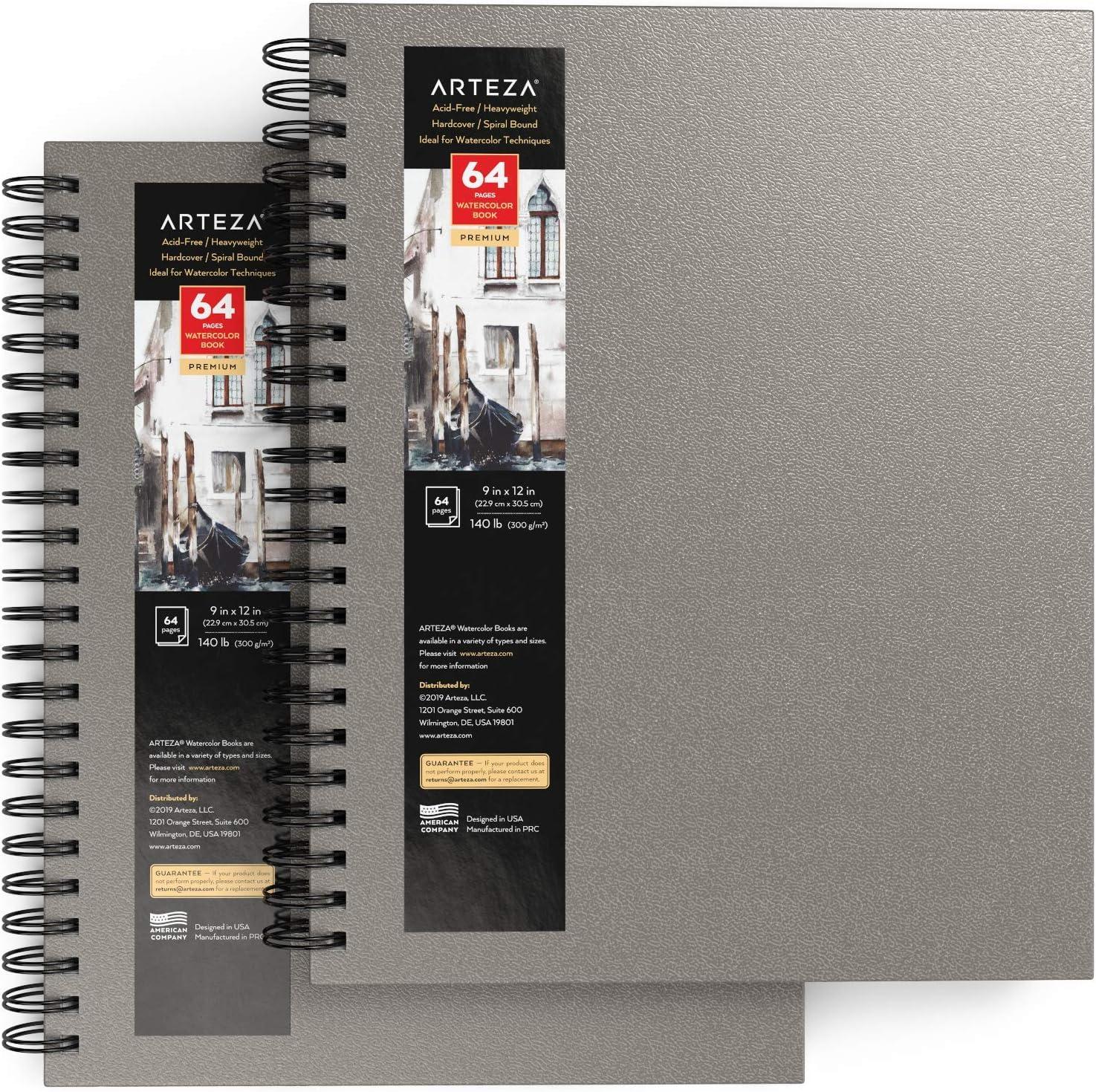 imageARTEZA Watercolor Sketchbook 2Pack 64 Pages Each 9 x 12 Inches Brown Hardcover 140Pound SpiralBound PaperGray