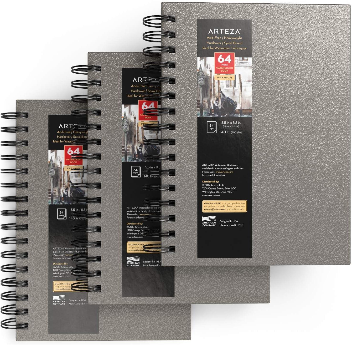 imageARTEZA Watercolor Sketchbook 2Pack 64 Pages Each 9 x 12 Inches Brown Hardcover 140Pound SpiralBound PaperGray