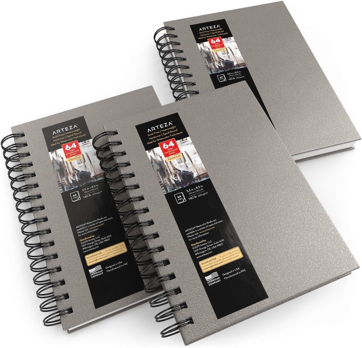 imageARTEZA Watercolor Sketchbook 2Pack 64 Pages Each 9 x 12 Inches Brown Hardcover 140Pound SpiralBound PaperGray