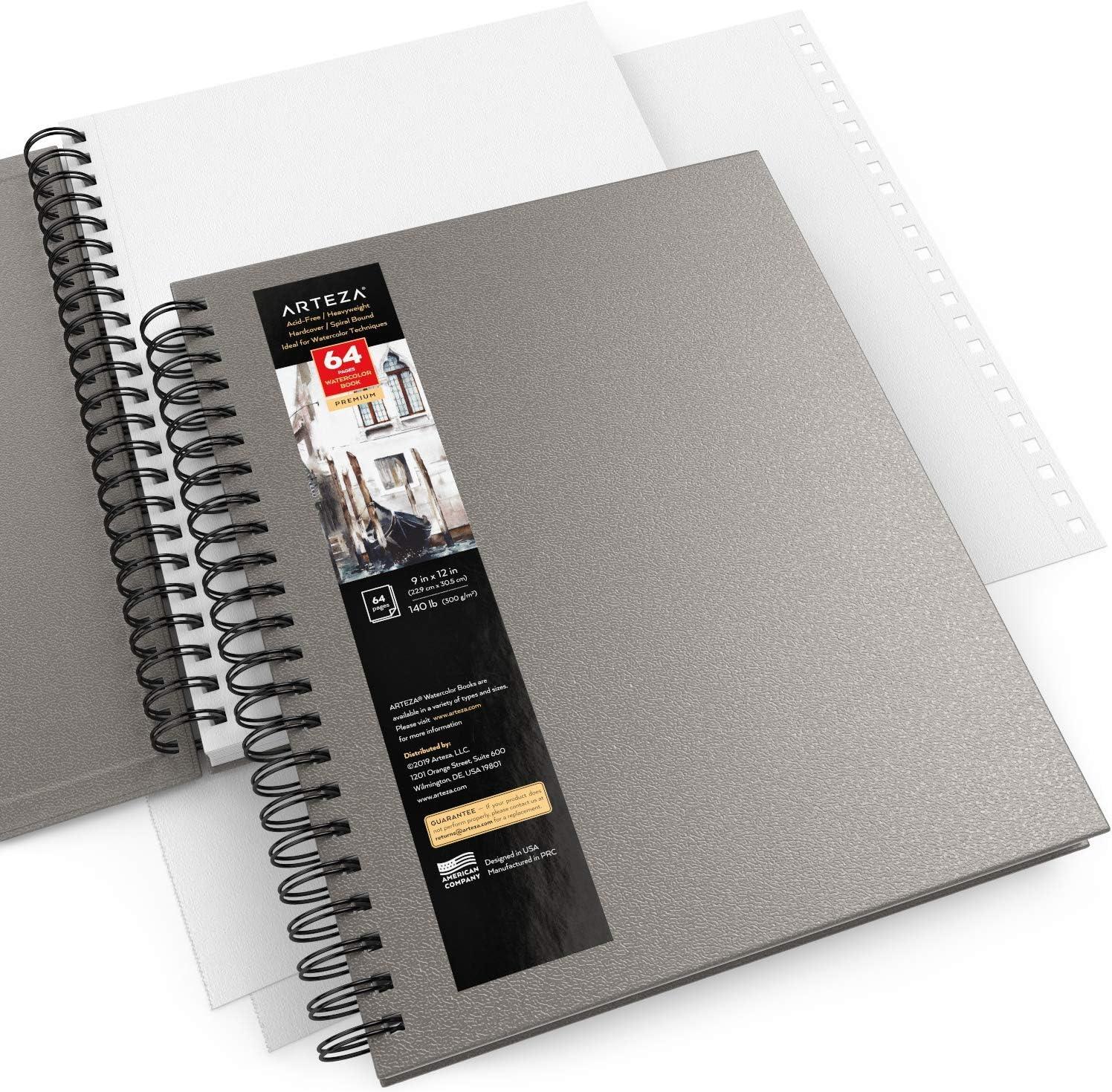 imageARTEZA Watercolor Sketchbook 2Pack 64 Pages Each 9 x 12 Inches Brown Hardcover 140Pound SpiralBound PaperGray