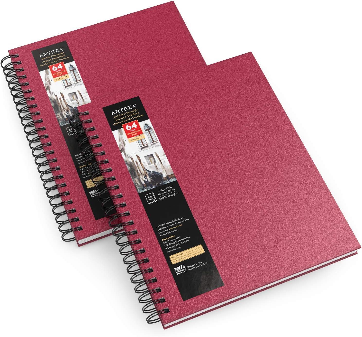 imageARTEZA Watercolor Sketchbook 2Pack 64 Pages Each 9 x 12 Inches Brown Hardcover 140Pound SpiralBound PaperPink